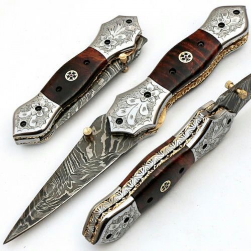 Damascus handmade folding knife beautiful structure with free leather sheath